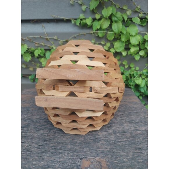 Handcrafted MCM Wooden Basket w/Geometric Architectural Design & Handle - Picture 5 of 5